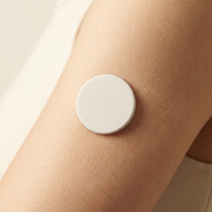 Close-up of the small circular biosensor adhered to the back of an upper arm